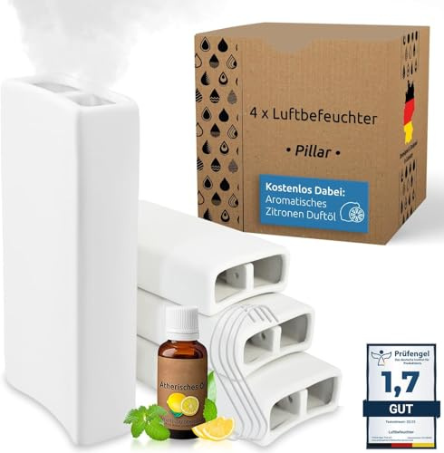 Luftbefeuchter Heizung 4er Set Keramik Verdunster 400 ml Weiß Heizkörper | Duftöl inklusive, Heizkörperbefeuchter, Wasserverdunster, Raumklima, viereckig, energiesparend, Winter, Wohnräume, Keramik