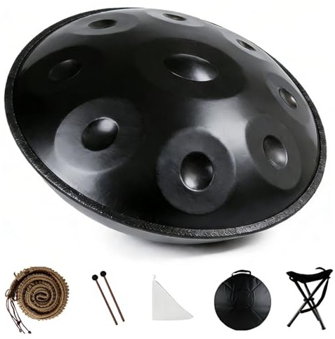 22 Zoll Handpan 440Hz/432Hz Hand Pan Instrument 9/10/12Note Handpan Drum D Minor Zungentrommel mit Soft Bag Mallet Stand für Klangheilung Meditation(Schwarz,440HZ/9 Note)