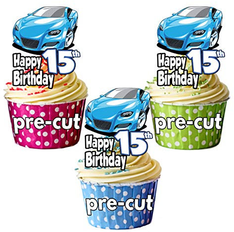 AK Giftshop PRECUT Blue Sports Car - 15th Birthday - Edible Cupcake Toppers/Cake Decorations - Boys - Mens -Son - Husband - Dad (Pack of 12)