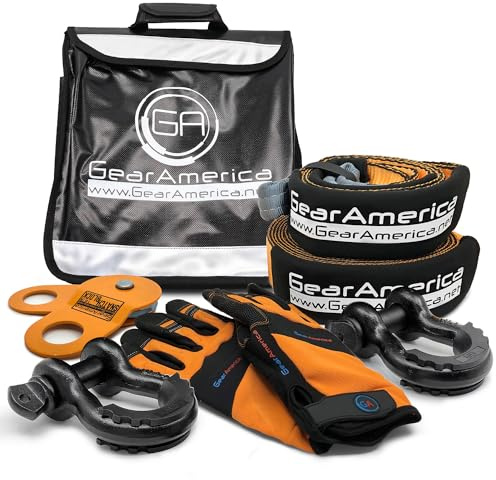 Kit de Recuperación Off-Road GearAmerica | Correa de remolque + Protector de árbol + Bloque de arranque + Grilletes con anillo en D negro + Bolso amortiguador Winch Line + Guantes | Accesorios 4x4