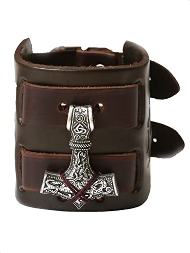 HAQUIL Viking Bracelet for Men, Viking Mjolnir Pendant, Nordic Brown Wide Leather Wristband, NorseJewelry Men