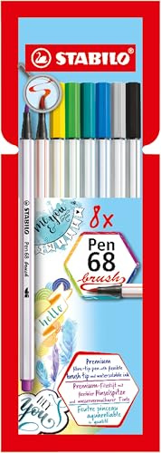 STABILO Pen 68 brush - Pennarello Premium con punta a pennello - Astuccio da 8 - con 8 colori assortiti
