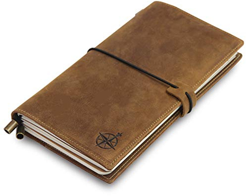 WANDERINGS Taccuino in Pelle con Tasche, 22x11.5cm - Organizer Diario di Viaggio Ricaricabile, Diario in Vera Pelle Realizzato a Mano con Tasche per Scrittura, Viaggiatori - Inserti Vuoti