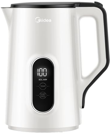 Midea Wasserkocher mit Temperatureinstellung 45℃-100℃, 1,5 Liter Kettle, 2200W Edelstahl Wasserkocher mit Doppelwand, Teekocher mit Temperaturanzeige und Sicherheitsfunktionen, BPA frei, Weiß