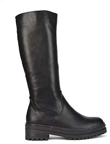 ESSEX GLAM Womens Long Biker Boots Flat Chunky Grip Sole Ladies Casual Calf Knee High Riding Shoes Size 3-8