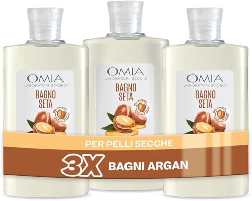 Omia, Bagno Seta Erboristico all'Olio di Argan del Marocco, Bagnoschiuma per Pelli Aride e Irritabili, Rende la Pelle Elastica e Protetta, Dermatologicamente Testato - 3 Flaconi da 400 ml