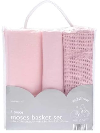 COUNTRY CLUB Soft, Cosy and Easy Care 3 Piece Baby Moses Basket Set - Cellular Blanket/Polar Fleece Blanket/Fitted Sheet - Newborn Baby Gift Idea - White, Blue or Pink (Pink)