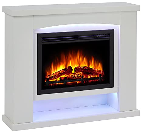 Endeavour Fires Ebberston 39'' Electric Fireplace Suite and Realistic Flame & Log Effect Fire, 13 Colour LED Lighting Remote Control In an Off White Fireplace Surround with Plinth