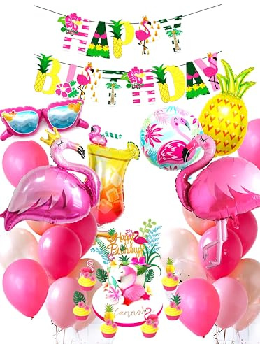 Regendeko Flamingo Ananas Set Geburtstagsdeko Sommerfest Deko | Flamingo Party Dekoration Ananas deko Hawaii deko Tortendeko Folienballons Geburtstag Urlaub Sommer Deko
