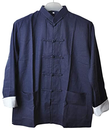 CORETIC Camicia da uomo in cotone e lino kung fu cinese tradizionale tang vestito tai chi camicetta manica lunga giacca cappotti, Grigio e blu, XX-Large
