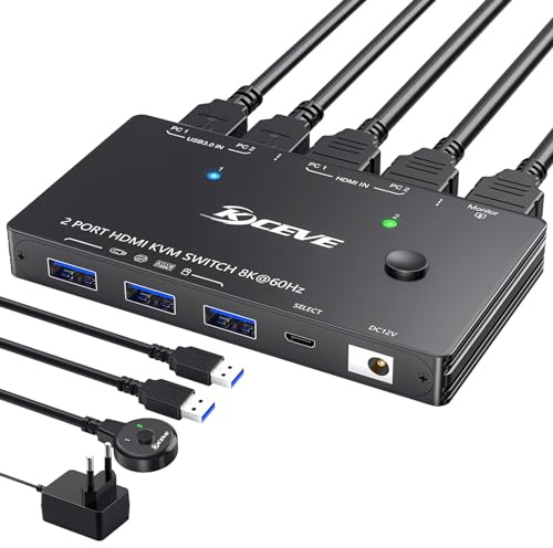 Commutateur KVM USB 3.0 HDMI 2 ports 8K@60Hz 4K@120Hz, HDCP 2.3 HDMI 2.1 KVM Switch 2 PC 1 moniteur Partager 4 périphériques USB 3.0 Clavier Souris avec Wired Remote et 2 câbles USB