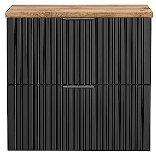 Lomadox Badezimmermöbel Waschtisch-Unterschrank 60cm matt schwarz mit Eiche Nb., gerilllte Front Waschbecken Badschrank mit 2 Softclose-Auszügen, B/H/T ca. 60,6/59,2/46,5 cm