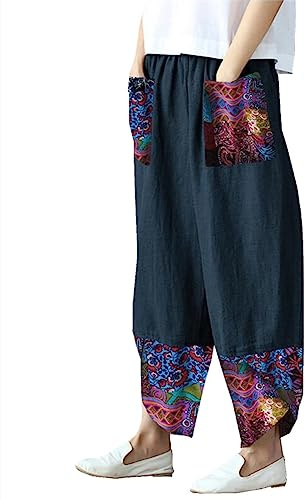 Pantalon Fluide Femme,Sarouel Hippie Femme Baggy Boho Patchwork Motif Ethnique Jambe Large Stretch Smocké Taille Haute Pantalon De Salon Été Taille Plus Pantalon De Yoga Court En Lin Mince,Bleu,5