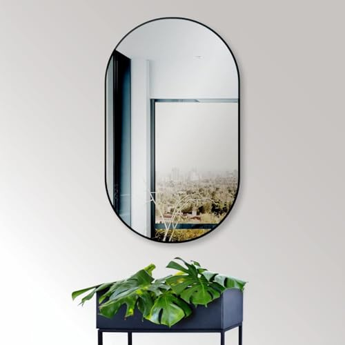 HOKO Design Väggspegel, oval, 60 x 100 cm med metallram, matt, svart. Hög och tvärgående montering möjlig Oval spegel för badrum, hall, sovrum. Designspegel med ram för vardagsrummet