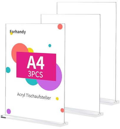 Forhandy 3 Stück Tischaufsteller A4, Acryl Werbeaufsteller Transparent T-Ständer mit Halterung Doppelseitiges Din A4 Aufsteller Preisschilder Display Ständer Postkartenständer Menükartenhalter