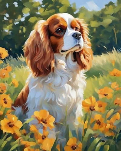 ZMHZMY Malen nach Zahlen Cavalier King Charles Spaniel und Blumen Painting by Numbers Kit DIY ölgemälde Kit für Erwachsene,Anfänger Painting Set 16x20 Zoll Leinwanddruck Wandkunst Dekoration