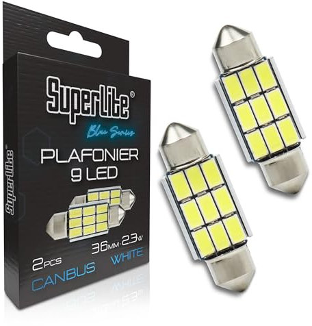 Superlite Jeu de 2 ampoules de plafonnier à 9 Led, 36 mm 2,3W de la gamme Blue Series. Technologie CanBus de lumière blanche. Idéal pour les voitures et les camions.
