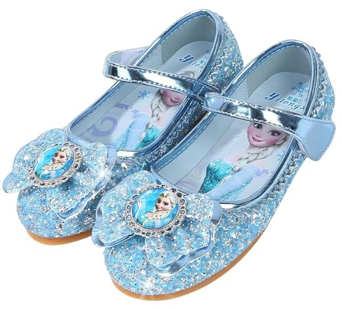 Vorkhuaeri Chaussures de Princesse Elsa pour Filles, Baskets Plates à Paillettes pour Enfants, Chaussures Costume Habiller Une Fête Cosplay Mariage (24,C3-Blue)