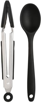 Wiltshire Silicone Mini Kitchen Tongs & Serving Spoon, Set of 2, Black | Cooking Spoon & Serving Tongs, Salad BBQ Tongs Stainless Steel, Heat-Resistant Utensil, Non-Stick, Non-Scratch