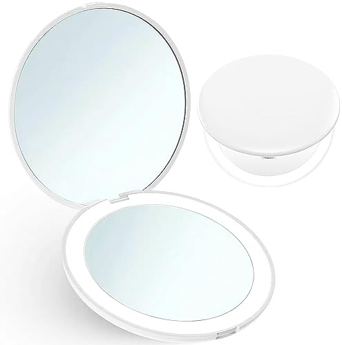 Jesyooka Lighted Magnifying Compact Mirror – 1X/10X Portable Travel Makeup Mirror with LED Lights, Handheld Pocket Mirror for Purse & Handbag