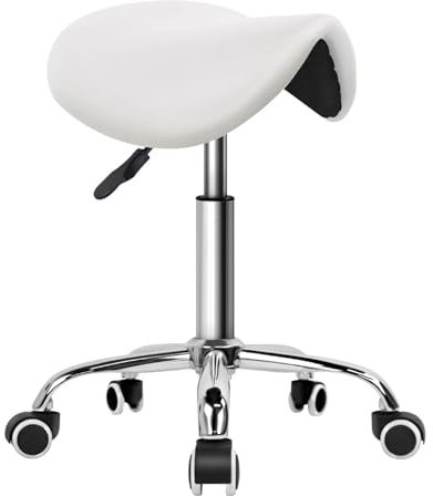 LCQSYE hocker mit Rollen Rollsattelhocker, PU-Leder, drehbar, verstellbar, Rollhocker mit Rädern, Salonstuhl, Weiß Werkstatt Rollhocker