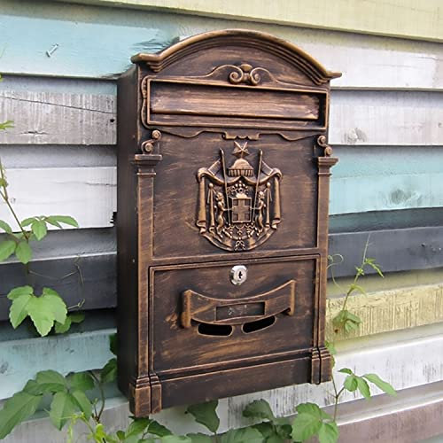 HCZKIUJY Wall Mounted Post Box, Wall Mount Mailbox Antique Letterbox, English Style Wall Mount Cast Aluminum for A4 Letters Design Lockable Postbox (Antique Gold 30x21x9cm)