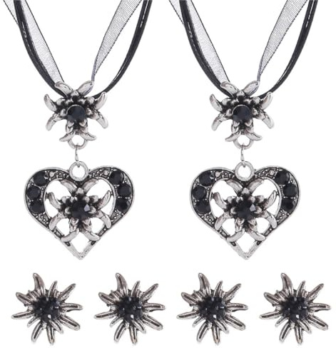 OHREN 6 pièces noir Ensemble de bijoux traditionnels bavarois Collier avec pendentif cœur en strass et boucles d'oreilles Edelweiss pour femme Accessoires pour fête de la bière et tenue Dirndl