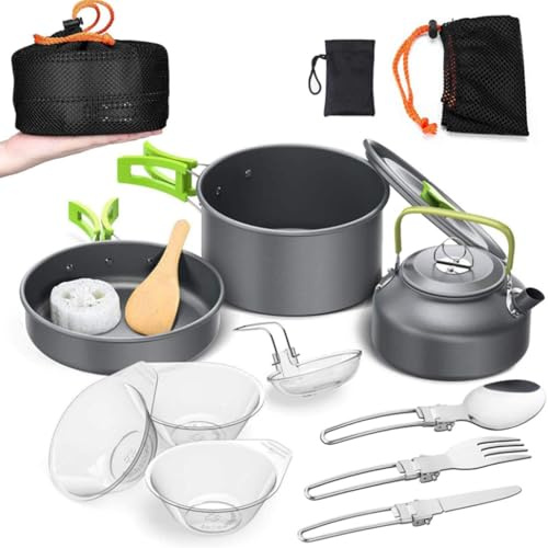 Fyearfly Juego de utensilios de cocina para acampar al aire libre con tetera y utensilios, compacto y portátil, color verde