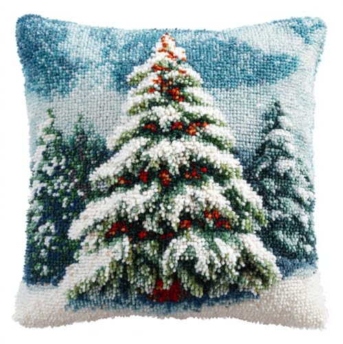 kitphoenix Knüpfkissen Set Weihnachten Weißer Schneebaum Knüpfkissen Set Für Anfänger Erwachsene Oder Kinder Zum Selber Knüpfen,Diy Knüpfteppich Knüpfpackung,43X43Cm
