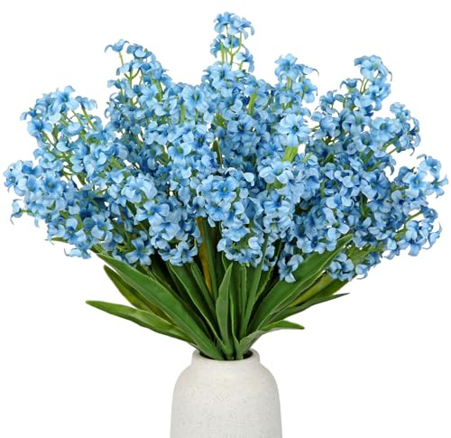 Oairse 5Pcs Small Artificial Flowers, Silk Blue Flowers with Stems Faux Hyacinth Flower for Centerpiece Spring Floral Stems for Vases Fillers Farmhouse Fake Wildflowers for Home Kitchen Table Decor