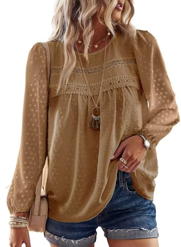 TUUHAW Mocha Womens Spring Tops Cute Maternity Blouse Solid Bohemian Swiss Dot Pullover Crewneck Smocked Long Sleeve Lace Hem Bardot Going Out Elegant Tunic Top Peplum Clothes L