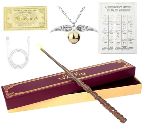 Lotvic Zauberstab Hermine Granger mit Licht, 38cm Hermine Zauberstab | Elderstab Zauberstäbe Glühen, USB Wiederaufladbar Magic Wand mit mit Zauberspruch-Karte, Halskette und Stationsticket