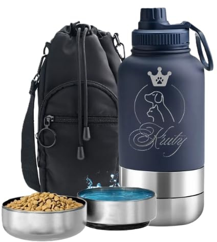 Kit de Voyage pour Chien 1L – Gourde en Acier Inoxydable avec 2 Bols Vissés (Eau & Croquettes) + Sacoche de Transport – Bouteille d’Eau Antifuite pour Randonnée, Promenade et Vacances