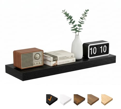RICHER HOUSE Svarta Vägghyllor, 80 x 23,5 x 3,8 cm Väggbräda MDF Trä | Trähylla vägg med osynliga fästen, svävande hylla för sovrum, vardagsrum, badrum, kök, tvättstuga, kontor