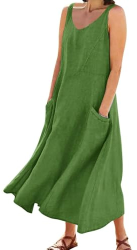 Maxi abito in lino con tasche laterali, senza maniche, vestibilità larga, per vacanze estive al mare e giornate casual, Verde, S