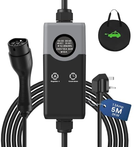 EV Charger Type 2 to UK 3-Pin | 5m/10m Cable | 3kW Fast Charge | Adjustable 8A/10A/13A | IP65 Waterproof | Smart LED & Timer | Portable with Bag | Compatible with All EVs & PHEVs (10, Metres) (5M)