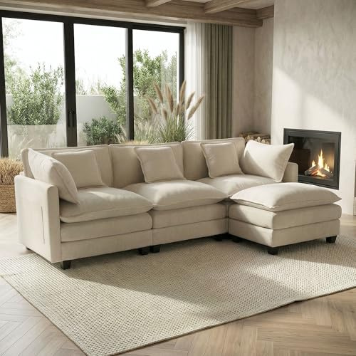 GRAVFORCE 239cm Ecksofa mit Schlaffunktion L Form 3 Sitzer Sofa mit 2 beweglichen Hockern Cloud Couch Big Sofa Modulares Sofa mit tiefer Sitz für Wohnzimmer Wohnung Büro Chenille