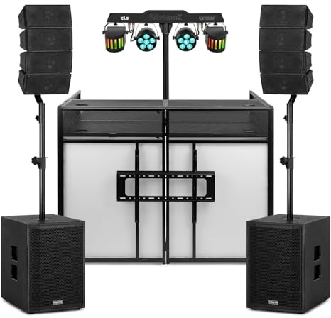 Line Array PA System DJ Package with DJ Booth and Light Bar, 1600W Active Passive Speaker System, Bluetooth USB DSP, Mobile DJ Setup for Events, Churches and Venues