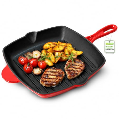 NutriChef Nonstick Cast Iron Grill Pan – 28cm, Kitchen Square Cast Iron Skillet Griddle Pan, Enameled Cast Iron Skillet Steak Pan w/Side Drip Spout for Electric Stovetop/Induction/Gas