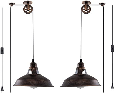 Plug in Pendant Light Industrial Pulley Pendant Lamp E26 Vintage Hanging Light Fixture With 16.4ft Cord On/Off Switch For Pool Table,Houseplant Grow lights,Kitchen Island,Sink 2 Pack Aged Bronze