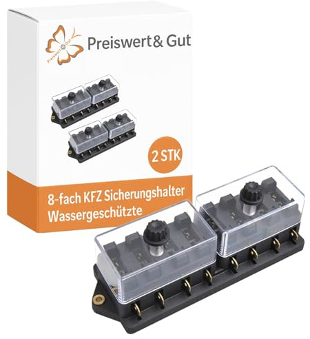 Preiswert&Gut 2x Verteilerdose mit Doppeldeckel 8-fach für ATO/ATC Flachsicherungen bis 40A – Spritzwassergeschützte Sicherungshalter – KFZ für Auto Camping Anschlussbox für 16x Flachstecker 6,3mm