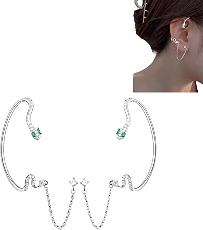 NJJD Ohrringe Schlangenform,Schlangen Ohrringe Silber,Vintage Ohrringe Hängend,Crawler Ohrringe, Ear Cuff Ohrklemme Mit Kette-Einzelnes linkes Ohr (1 Pair)
