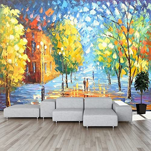 YXTSmurals Bunt Bäume Häuser Fototapete 3D Effekt Wandgemälde 3D Wandaufkleber Wandtattoos Kunst Wandbild Tapete Modern Vlies Wohnzimmer Schlafzimmer Jugendzimmer Wanddekoration