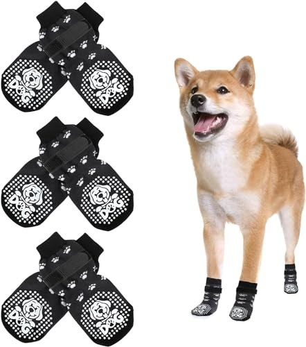Mfsdai 3 Paar Anti Rutsch Socken für Hunde Hundesocken Schuhe Hund Outdoor mit Klettverschlus,Hundeschuhe Pfotenschutz für Hartholzböden für Kleine Mittlere und Große Hunde (M)