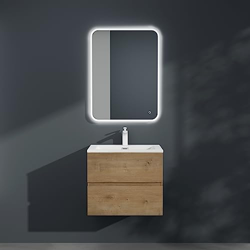 Mai & Mai Mobile Bagno Sospeso 60cm, Mobile da Bagno con 2 Cassetti Include Lavabo Bianco Aqualis F156, Marrone chiaro