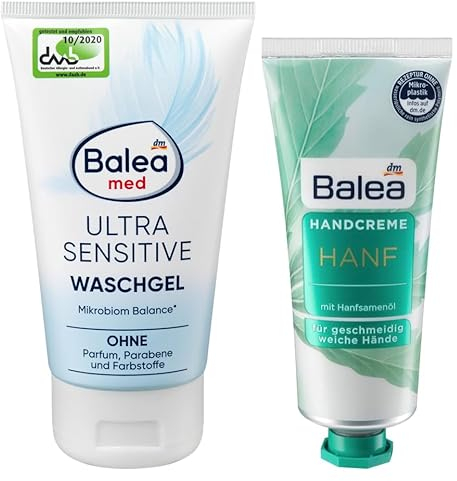 Balea 2er-Set Hautpflege: Waschgel MED ULTRA SENSITIVE reinigt schonend ohne Parfum, Parabene, Farbstoffe & unterstützt Gleichgewicht der Haut (150 ml) + Handcreme HANF mit Hanfsamenöl (75 ml), 225 ml