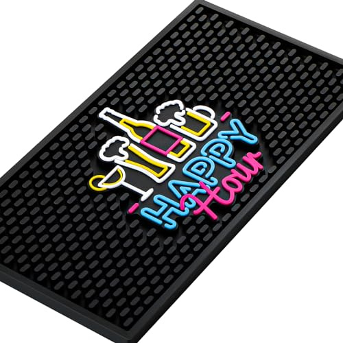 Preboun Bar Mat for Countertop with Fluorescent Pattern Thick Rubber Non Slip Black Bar Spill Mats for Coffee Kitchen Restaurants Entertaining Home Service(1 Pcs,12 x 6 Inch)