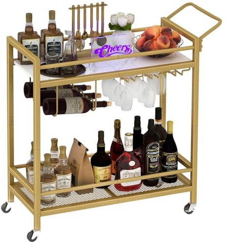 LAATOOREE Bar Cart, Two-Color Home Bar Serving Cart, Mobile Drink Beverage Cart with 2 Storage Shelves, Rolling Kitchen Cart with Wine Holder and Glass Holder, for Dinning Room, Living Room, Kitchen
