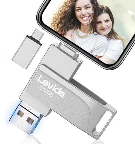 USB Stick 512GB für Phone,Levida Speicherstick,Photostick,Externer Speicher 4 in 1,Fotostick 3.0,Flash Drive für Handy,iOS,Android,Pad,Laptop,Pc(Mobile Memory,Automatic Photo Backup),Hellsilber