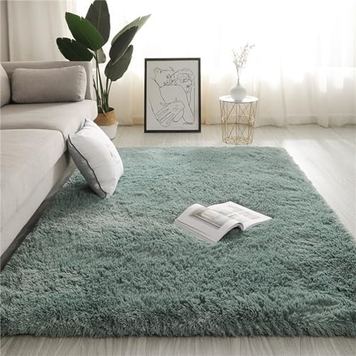 Treer Teppich Wohnzimmer Flauschig, Soft Modern Area Rug Weich Shaggy Teppiche Hochflor Langflor rutschfest Fellteppich Kunstfell Fell Carpet für Schlafzimmer (100 * 160cm,Grau Grün)